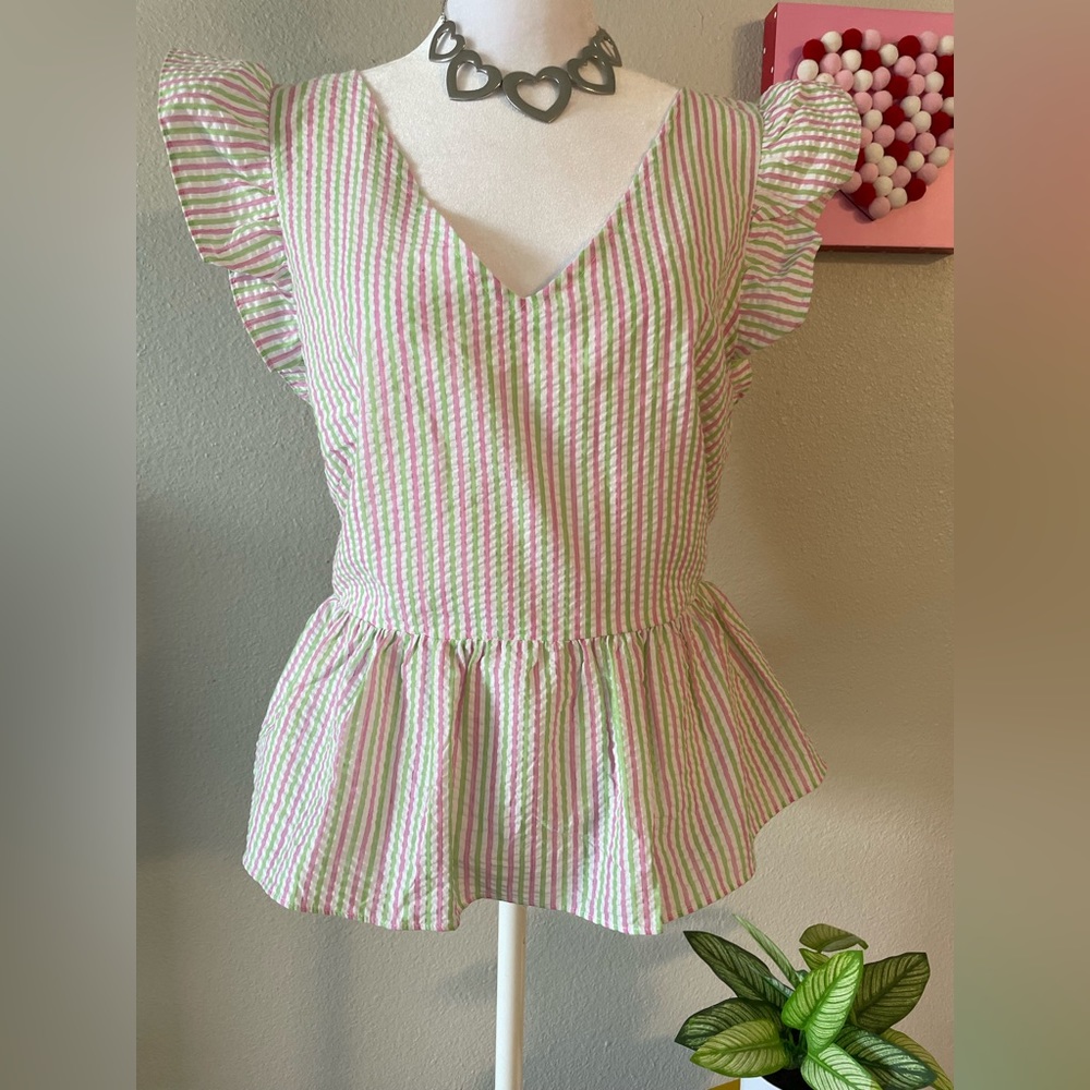 Draper James Women’s Striped Summer Blouse With Ruffle Sleeves Slimming -SZ L